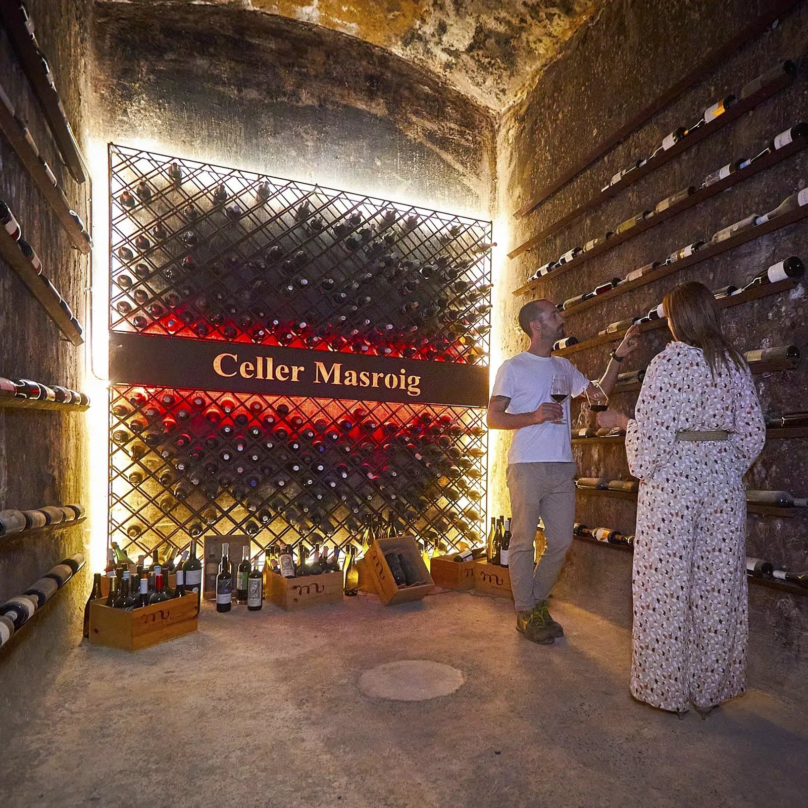 조명이 들어온 Celler Masroig 병 진열 벽